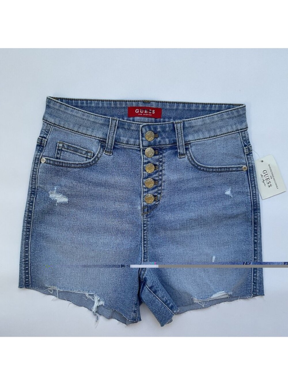 Guess Women’s Button High Waisted Short Distressed Blue Stretch Denim Size 27
